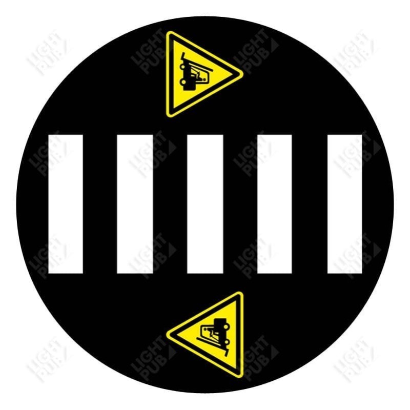 Valgustatud jalakäijate ülekäigurajal asuva märgi projektsioon maapinnale koos hoiatusmärkidega