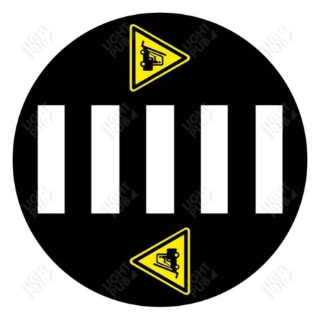 Valgustatud jalakäijate ülekäigurajal asuva märgi projektsioon maapinnale koos hoiatusmärkidega