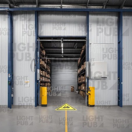 Illuminated floor signage attention cart fire door logistics warehouse